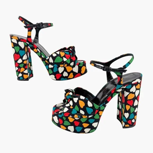 Saint Laurent Bianca Platform Sandals Size 38.5 US 8.5 Multicolor Heart Satin - Picture 7 of 14